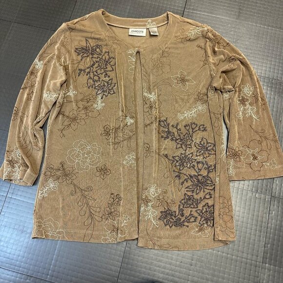 CHICO'S TRAVELERS TAN BEADED WOMENS TRAVELERS CARDIGAN SIZE 1 - SMALL - Picture 1 of 6